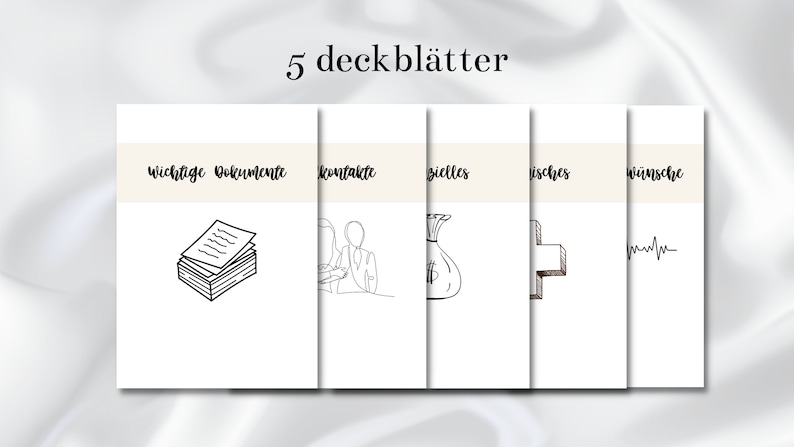 Puede incluir: Cinco hojas de portada imprimibles para una carpeta o un cuaderno. Las portadas presentan dibujos lineales simples de una pila de papeles, dos personas d&aacute;ndose la mano, una bolsa de dinero, una cruz y una l&iacute;nea de ritmo card&iacute;aco.