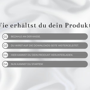 Puede incluir: Un gr&aacute;fico gris y blanco con el texto "Wie erh&auml;ltst du dein Produkt?" y cuatro pasos numerados para descargar un producto: 1. Paga en la caja, 2. Ser&aacute;s redirigido a la p&aacute;gina de descargas, 3. Aqu&iacute; puedes descargar tu producto, 4. &iexcl;Ahora puedes empezar!