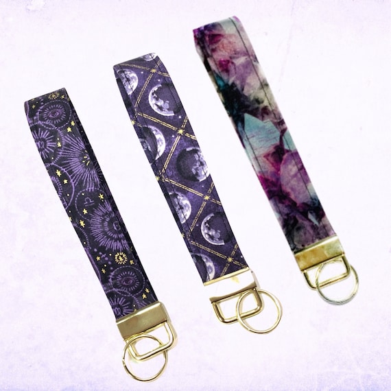 Zodiac Keychain Wristlet, Moon Phases Key Fob, Purple Gemstone Fabric Key Chain, Purple and Gold Wrist Lanyard