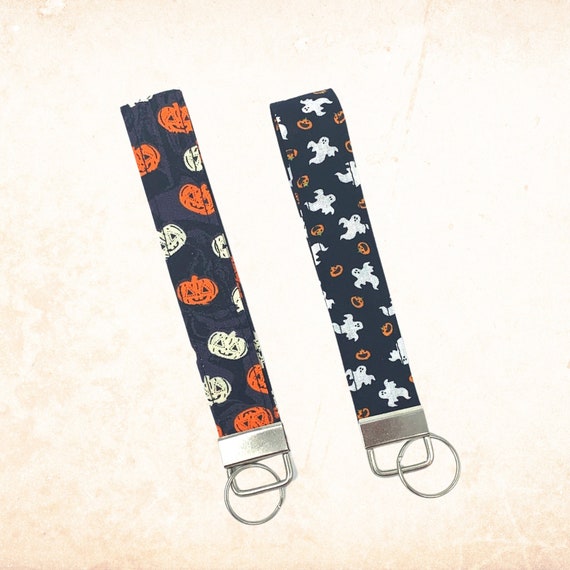 Halloween Keychain Wristlet, Pumpkin Key Fob, Fabric Key Chain