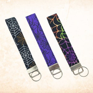 Halloween Keychain Wristlet, Spiderweb Key Fob, Fabric Key Chain, Wrist Lanyard
