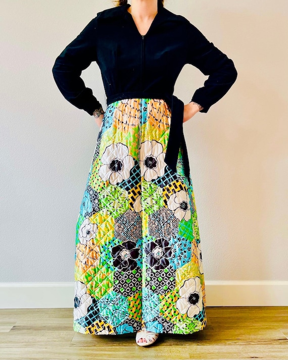 1970s Vintage Psychedelic Quilted Floral Maxi Dress