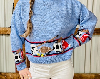 Vintage 1980s/1990s Handknit Sports Themed Oversized Pullover Sweater