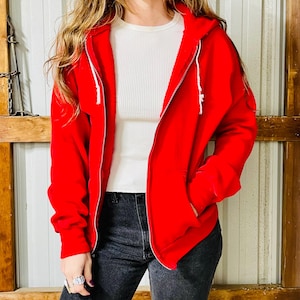 Vintage 1970s/1980s Cherry Red Made in USA Cotton Hoodie with Metal Zipper