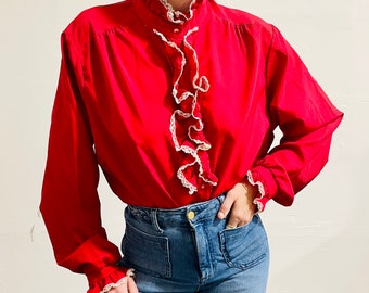 Vintage 1970s Red High Neck Front Ruffle Button Down Blouse