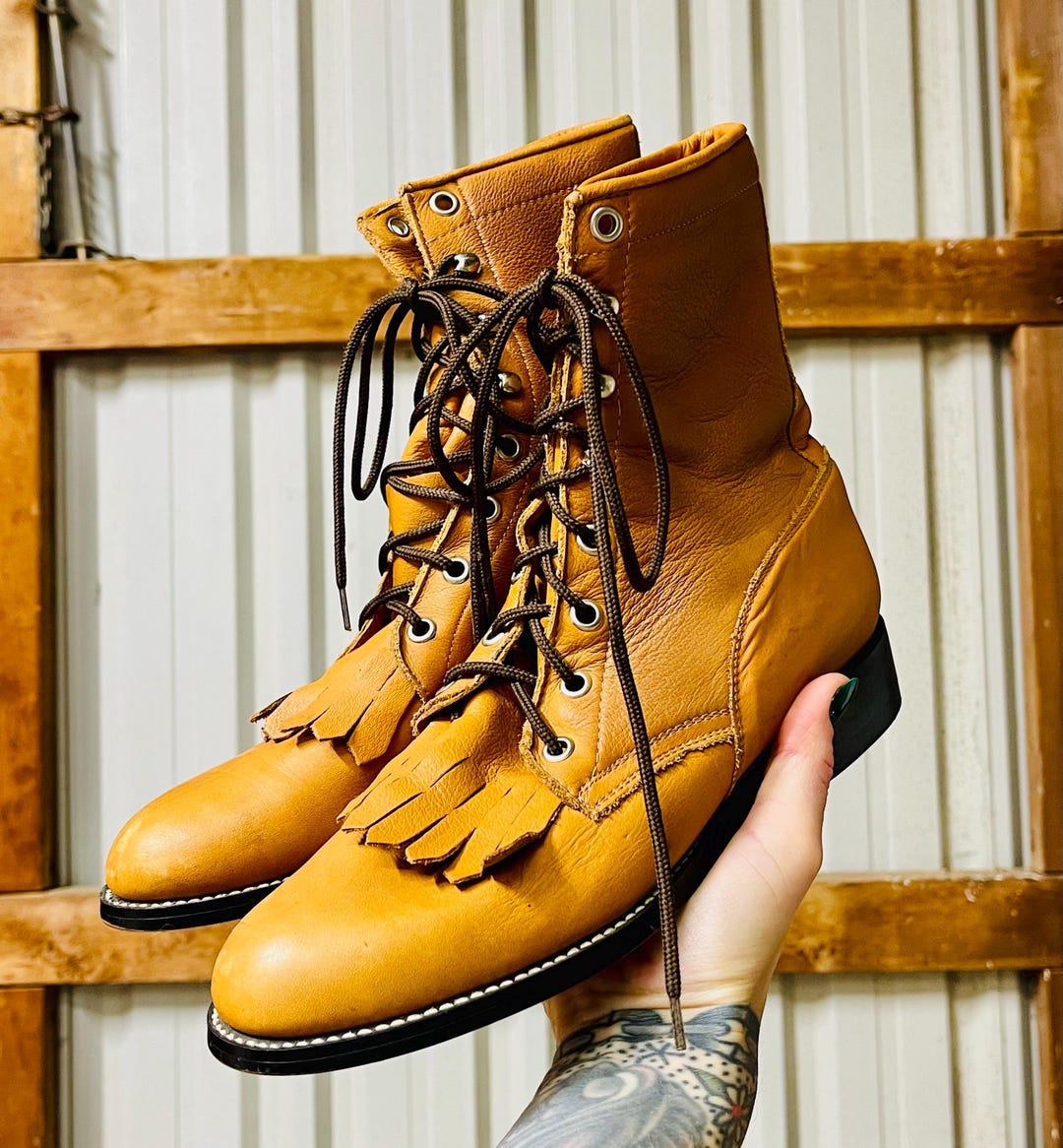 Vintage 1980s Tan Leather Justin Diamond Lace up Roper Style