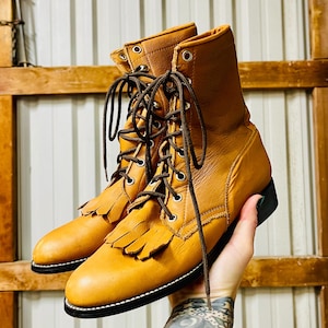 Vintage 1980s Tan Leather Justin Diamond Lace Up Roper Style Western Boots Women’s Size 6.5