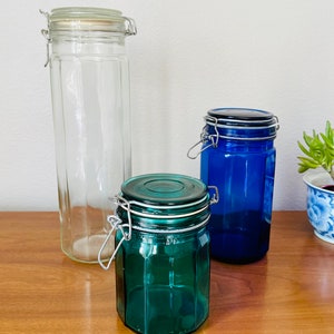 Vintage 1950s/1960s Colored Glass 12 Panel Canister Jar with Wire Bail Flip Lid Set of 3