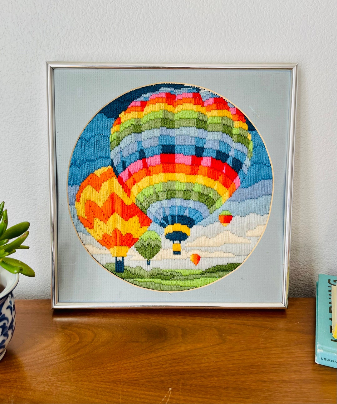 Vintage 1980s Rainbow Hot Air Balloon Framed Embroidery Wall Art Etsy
