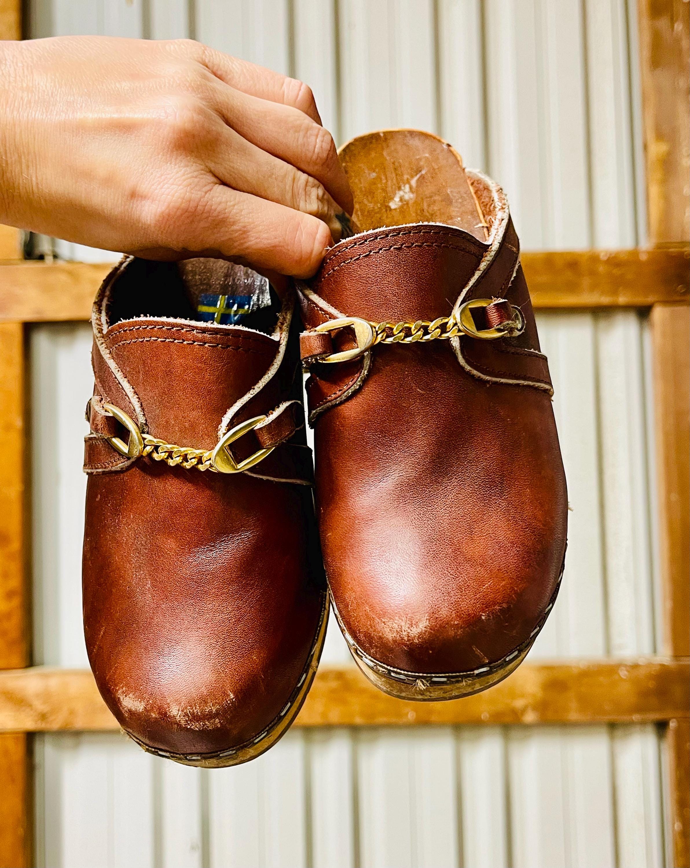 Vintage 1970s Made in Sweden Mia's Leather and Wood Clogs With