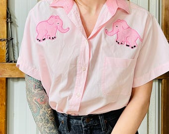 Vintage 1970s Short Sleeve Pink button Down Shirt with Pink Gingham Elephant Patches