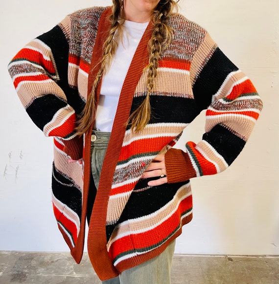 Vintage 1970s Space-Dyed Striped Earth Tone Knot Open Cardigan Sweater