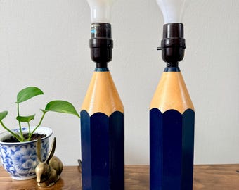 Vintage 1970s Navy Blue Novelty Wooden Pencil Table Desk Lamp Set of 2