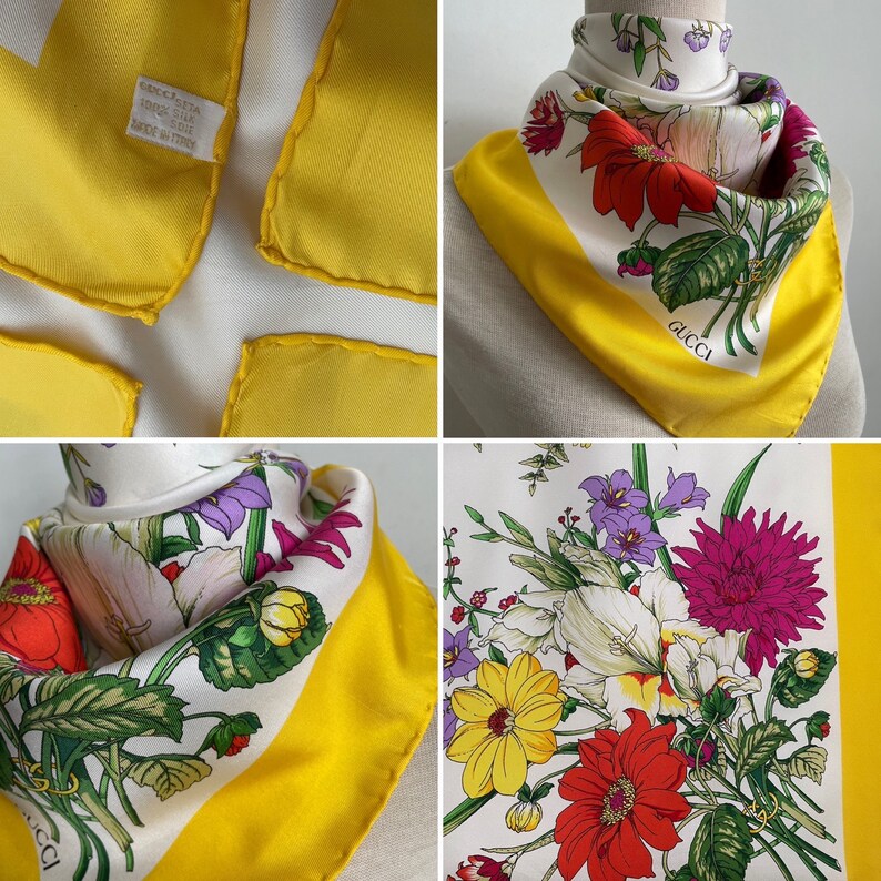 Vintage Gucci Floral in Yellow Silk Scarf Neckscarf Muffler Accessories Summer Fashion-Free shipping image 3