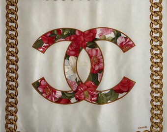 Vintage Chanel Big Logo Floral Chain Silk Scarf Neckscarf Accessories Women Fashion Gift-Free shipping