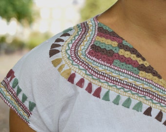 Hand embroidered Mexican blouse with woven belt - indigenous and ethical
