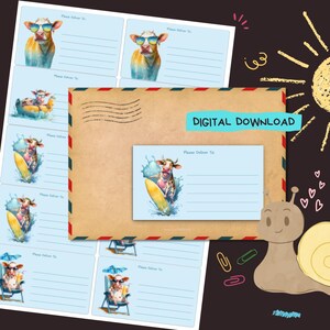 May include: A sheet of light blue address labels with watercolour illustrations of cows wearing sunglasses and enjoying leisure activities. The labels are arranged around a brown envelope with the text "DIGITAL DOWNLOAD".