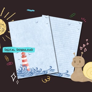 Lighthouse - Descarga digital PDF - Papel para escribir cartas de Penpal - Hojas de papel de notas imprimibles al instante - Forrado y sin forro incluido