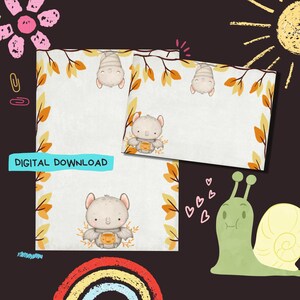 May include: Digital download stationery set featuring a cute cartoon bat holding a cup of tea, surrounded by autumn leaves. The design includes a snail, hearts, and a rainbow on a dark brown background. The words "DIGITAL DOWNLOAD" are in a blue rectangle.
