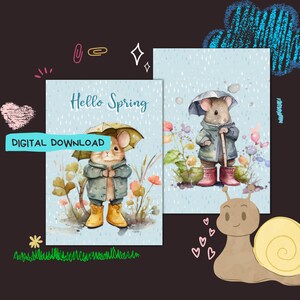 Op de afbeelding: Twee digitale printbare kaarten met een schattige cartoonmuis die een paraplu vasthoudt in een lente regensetting. De tekst "Hello Spring" staat op één kaart. De kaarten zijn perfect om een vleugje whimsy toe te voegen aan je interieur.
