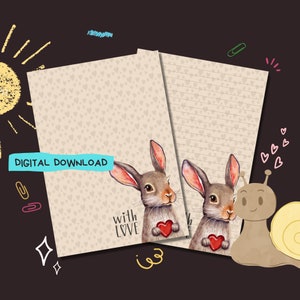Rabbit With Love - Descarga digital PDF - Papel para escribir cartas de Penpal - Hojas de papel de notas imprimibles al instante - Forrado y sin forro incluido