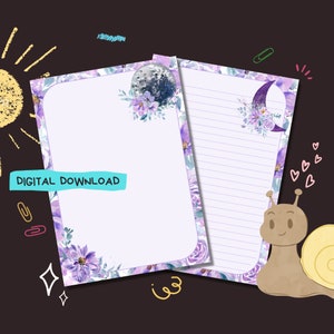 Moon Flowers - Descarga digital PDF - Papel para escribir cartas de Penpal - Hojas de papel de notas imprimibles al instante - Forrado y sin forro incluido
