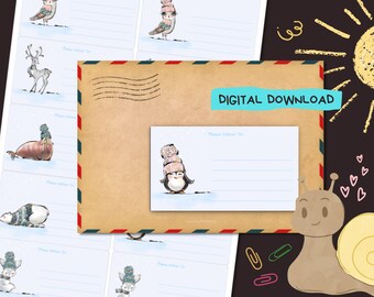 Animales árticos - Descarga digital en PDF - Pegatinas para imprimir en casa con la dirección "entregar en" - Etiquetas con y sin forro - Tamaño 99 mm x 57 mm