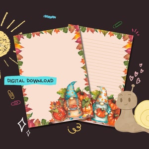 Fall Gnome - Descarga digital PDF - Papel para escribir cartas de Penpal - Hojas de papel de notas imprimibles al instante - Forrado y sin forro incluido