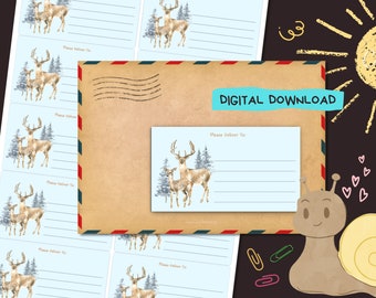 Winter Deer - Descarga digital PDF - Imprima en casa, entregue las pegatinas en la dirección - Etiquetas forradas y sin forro - Tamaño 99 mm x 57 mm