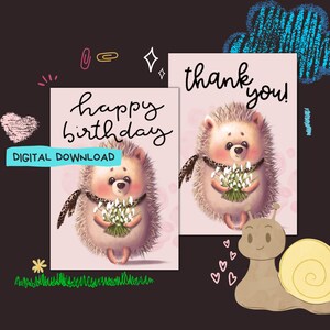 Pinky Hedgehog - Téléchargement numérique PDF - Imprimer à la maison mini cartes de notes vierges, Carte d'anniversaire/de remerciement vierge - Taille de la carte pliée 14 cm x 10 cm