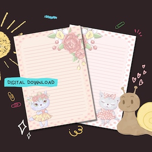 Flower Cat - Descarga digital PDF - Papel para escribir cartas de Penpal - Hojas de papel de notas imprimibles al instante - Forrado y sin forro incluido