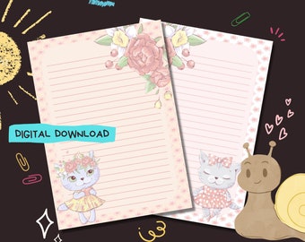 beautiful paper for writing Flower Cat - PDF digital download - Penpal letter writing paper - Instant printable notepaper sheets - Lined and unlined included