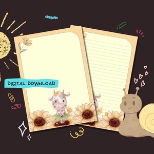 ひまわりの牛 - PDF デジタルダウンロード - ペンパルの手紙書き用紙 - すぐに印刷できるメモ用紙シート - 罫線ありと罫線なしが含まれています