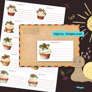 Cupcakes Holly Frosted PDF download digital, Imprima em casa, entregue no endereço adesivos, Etiquetas pautadas e não pautadas 99 mm x 57 mm tamanho
