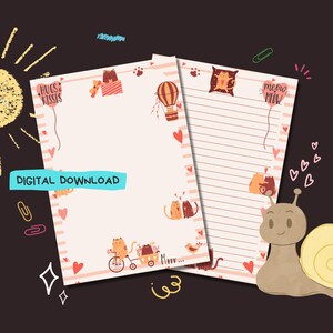 May include: Printable stationery featuring a pink and white striped background with cute cat illustrations. The text "Hugs & Kisses" and "Meow Meow" are included.