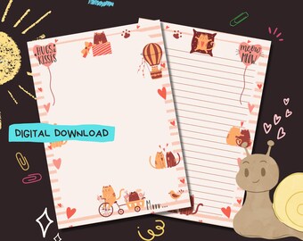 Pode incluir: Papelaria imprimível com fundo listrado rosa e branco com lindas ilustrações de gatos. O texto "Hugs & Kisses" e "Meow Meow" está incluído.