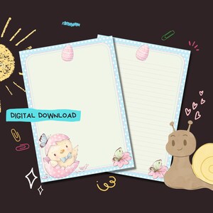 Eggy Chick - Descarga digital PDF - Papel para escribir cartas de Penpal - Hojas de papel de notas imprimibles al instante - Forrado y sin forro incluido