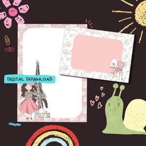 May include: A printable digital download featuring a pink and white card with a cartoon girl in a beret standing in front of the Eiffel Tower. The text "Paris" is below the image. The card has a white border with a floral pattern. There is a blank space for writing a message. The card is perfect for a Parisian themed party or event.