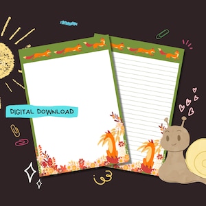 Floral Fox - Descarga digital PDF - Papel para escribir cartas Penpal - Hojas de papel de notas imprimibles al instante - Forrado y sin forro incluido