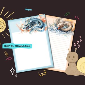 Puede incluir: Dos hojas de descarga digital imprimibles con ilustraciones de acuarela de dragones. El dragón azul está sobre un fondo azul claro con líneas blancas. El dragón blanco está sobre un fondo naranja claro con líneas blancas. El texto "DESCARGA DIGITAL" está en la hoja azul.