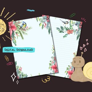 Pájaros de invierno - Descarga digital en PDF - Papel para escribir cartas a amigos por correspondencia - Hojas de papel para imprimir al instante - Incluye hojas rayadas y sin rayar