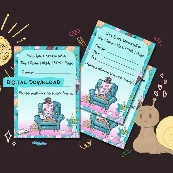 Book Lover, Blue - PDF digital download - Print at home tag inserts - Penpal printable decorated swap / wish / rak inserts - 2 sizes