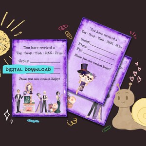 Pode incluir: Cartões de download digital roxos e brancos com tema de Halloween. Os cartões apresentam campos de texto para grupo, de e para, com a frase "You have received a Tag/Swap/Wish/RAK/Prize". Os cartões são decorados com ilustrações de esqueletos e cenas de Halloween.