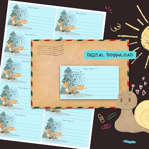 May include: A set of light blue address labels and a brown envelope with a red and blue border. Each label features a watercolour illustration of a fox and a Christmas tree. The envelope has the text "DIGITAL DOWNLOAD".