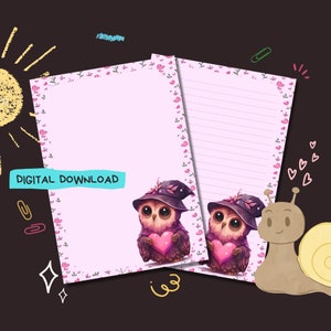 Heart Owl - Descarga digital PDF - Papel para escribir cartas de Penpal - Hojas de papel de notas imprimibles al instante - Forrado y sin forro incluido