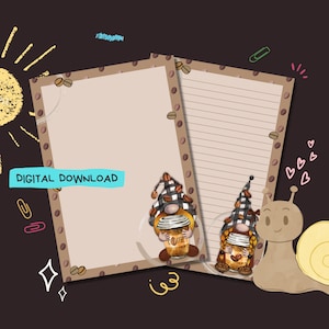 Coffee Gnomes - Descarga digital PDF - Papel para escribir cartas de penpal - Hojas de papel de notas imprimibles instantáneamente - Forrado y sin forro incluido