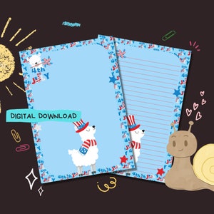 Llama 4 de julio - Descarga digital PDF - Papel para escribir cartas de Penpal - Hojas de papel de notas imprimibles al instante - Forrado y sin forro incluido