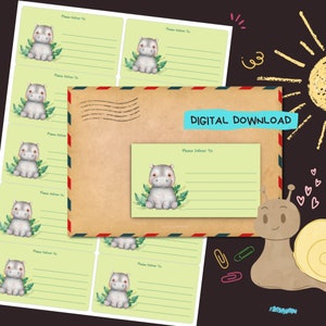 Hana Hippo - Download digital em PDF - Imprima em casa e entregue no endereço adesivos - Etiquetas forradas e sem forro - tamanho 99 mm x 57 mm