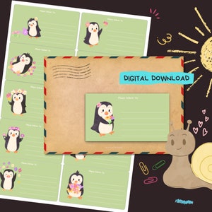 Pinguins na primavera - download digital em PDF - Imprima em casa e entregue no endereço adesivos - Etiquetas forradas e sem forro - tamanho 99 mm x 57 mm