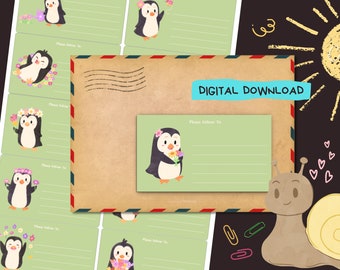 Pingüinos en primavera - Descarga digital en PDF - Imprima en casa, entregue las pegatinas en la dirección - Etiquetas forradas y sin forro - Tamaño 99 mm x 57 mm